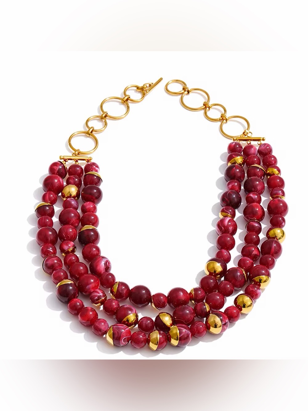 Red Imitation Pearl Multi-Layer Statement Necklace | 18K PVD Gold Plated